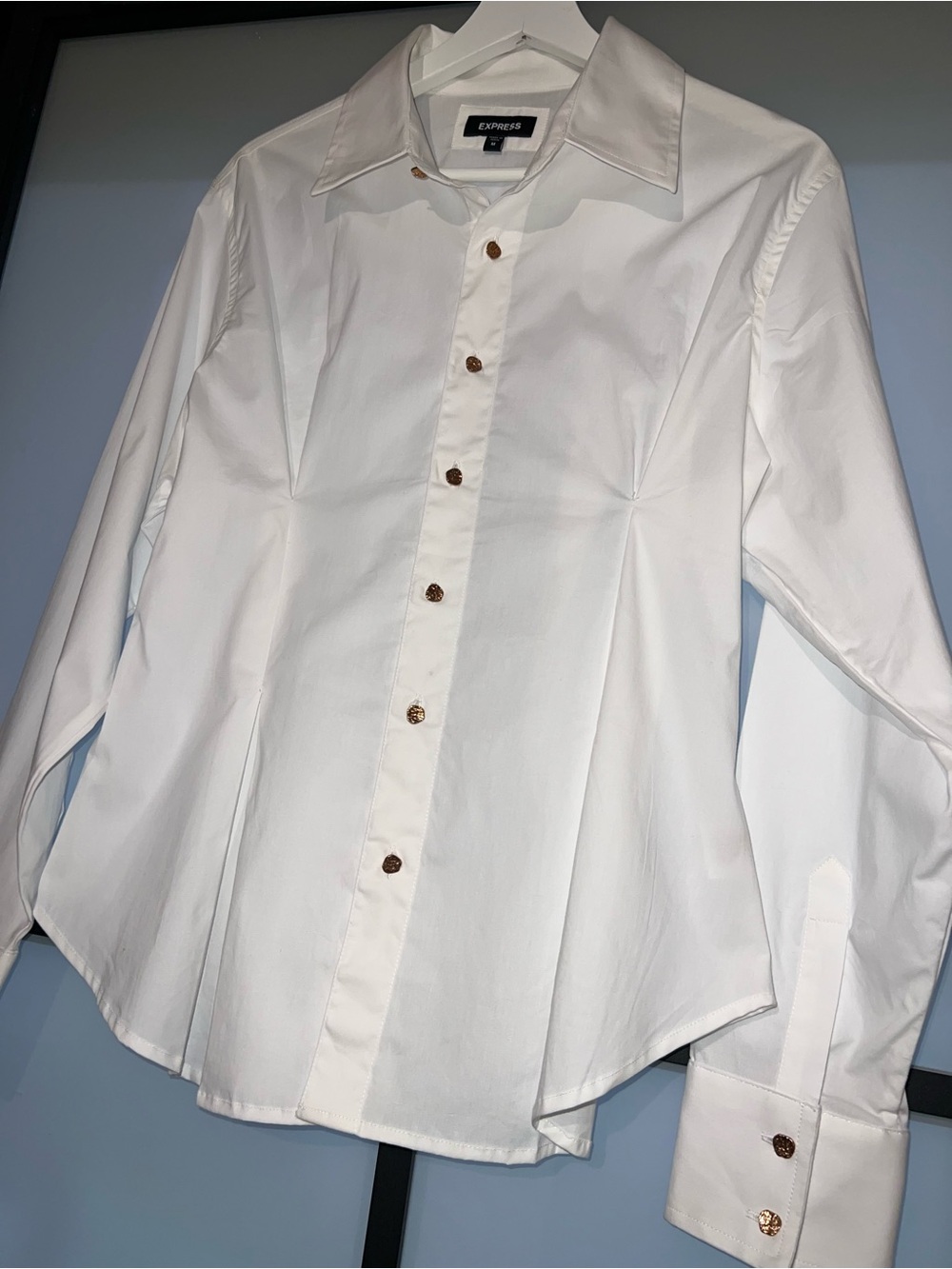 Express White Fitted Button Down Shirt Gold Buttons Size M
